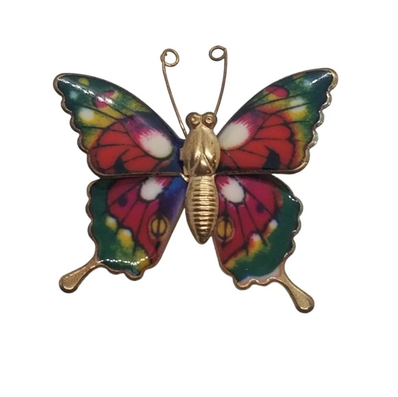 VINTAGE GOLDTONED BUTTERFLY PIN WITH MULTICOLORED WINGS - Picture 2 of 3